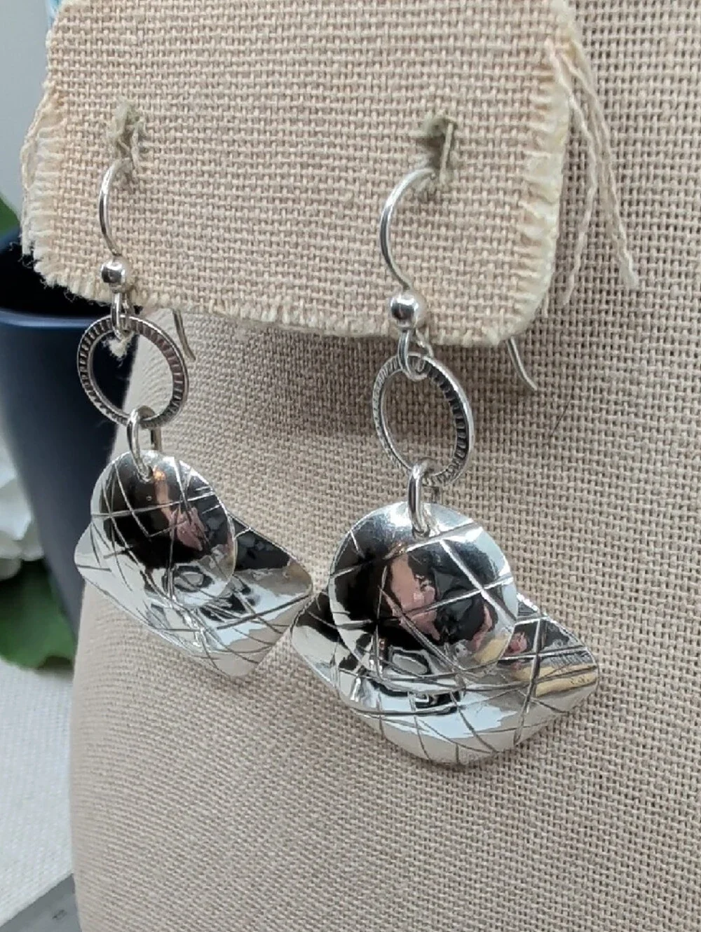 Vintage 925 Sterling Silver Hand-Hammered Crosshatch Shield Earrings